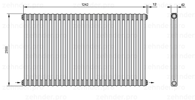 Схема (чертеж) Радиатор Zehnder Charleston 2250/27 №2670 Белый глянцевый RAL 9016